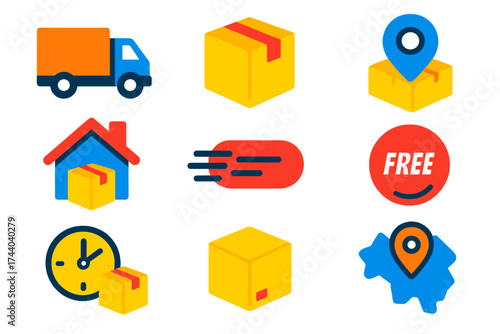 Bright Delivery Icons. Flat vector icons of delivery in shop systems: delivery truck, shipping box, parcel tracking, home delivery