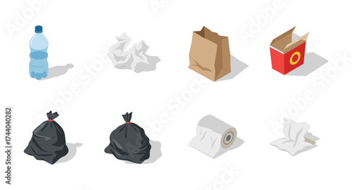 Isometric waste and recycling objects on white background