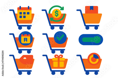 Subscription Cart Icons. Flat vector icons of cart for subscription products: cart with calendar, recurring billing cart, cart