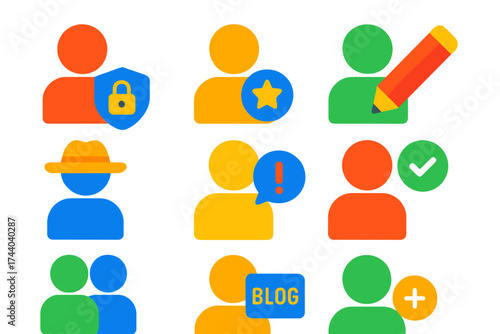 Flat Blog Role Icons. Flat vector icons of blog user roles: admin icon, contributor badge, editor role, guest author, moderator