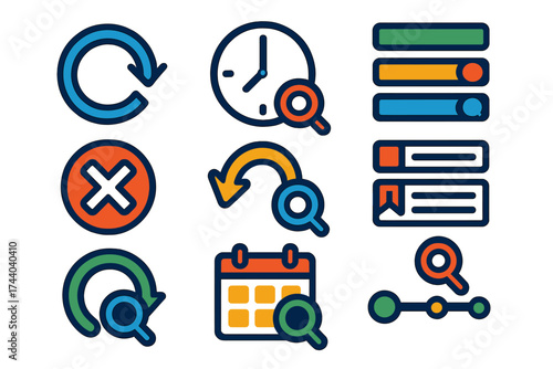 Modern Search Icons. Flat vector icons of search history features: history icon, clock with search bar, past search terms, clear