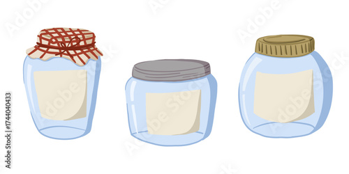 Hand drawn illustration of three empty glass jars with different lids and blank labels, isolated on white background. Concept of storage, kitchen organization and homemade preserves