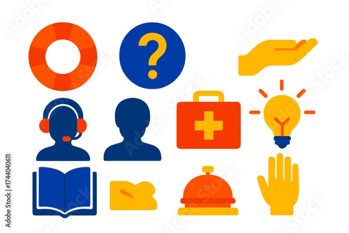 Vibrant Help Icons. Flat vector icons of help concepts: lifebuoy icon, question mark in circle, hand offering help, support agent