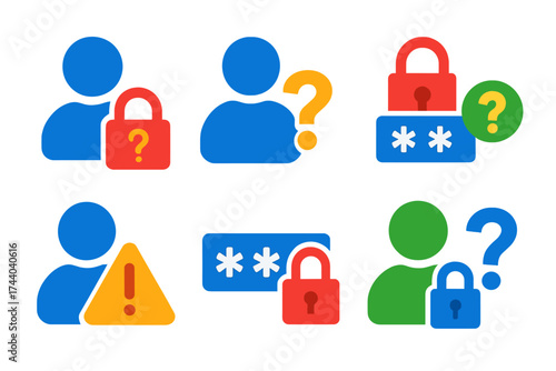 Modern Login Icons. Flat vector icons of account and login FAQ: forgot password icon, create account question, email confirmation