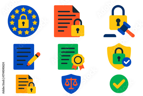 Privacy Compliance Icons. Flat vector icons of privacy policies and compliance: GDPR icon, privacy agreement document, legal lock