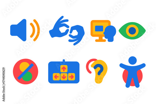 Accessibility Icon Set. Flat vector icons of accessibility help: audio assistance icon, sign language icon, subtitle help icon,