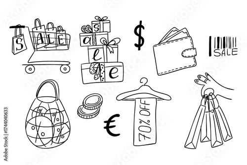 Hand drawn doodle set of shopping and sale elements including bags, wallet, coins and discount tag, black and white vector illustration. Concept of retail, commerce and consumerism