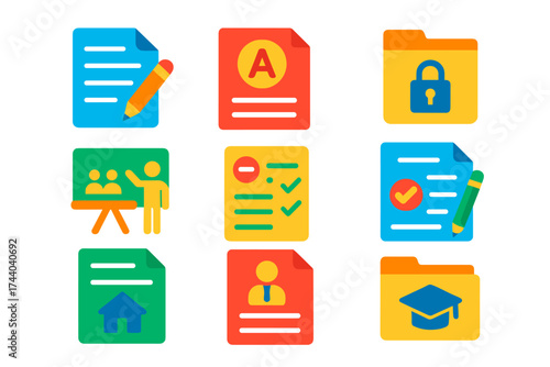 Educational Policy Icons. Flat vector icons of educational and academic policies: school rules document, grading policy sheet,