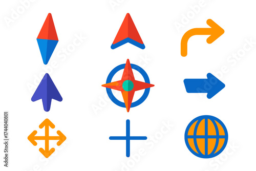 Minimalist Compass Icons. Flat vector icons of compass and cardinal directions: compass needle, north arrow icon, east symbol,
