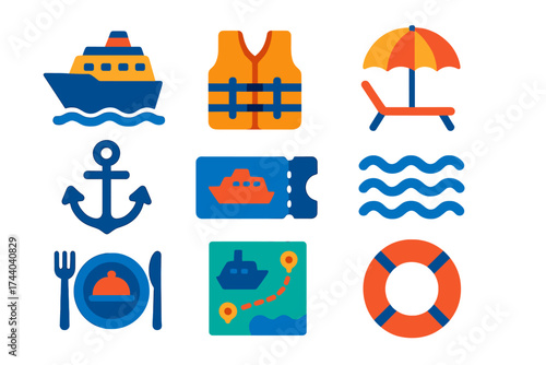 Sea Travel Icons. Flat vector icons of sea and cruise travel: cruise ship icon, life jacket symbol, deck chair with umbrella,