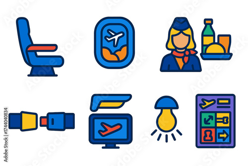 In-Flight Experience Icons. Flat vector icons of in-flight experience: airplane seat icon, window seat view, cabin crew icon,