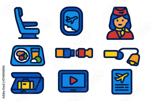 In-Flight Experience Icons. Flat vector icons of in-flight experience: airplane seat icon, window seat view, cabin crew icon,