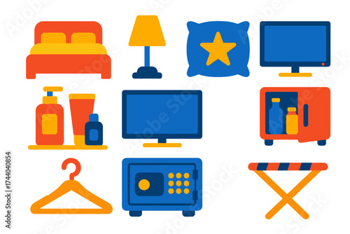 Hotel Room Essentials. Flat vector icons of hotel room essentials: hotel bed icon, bedside lamp, pillow with star, bathroom