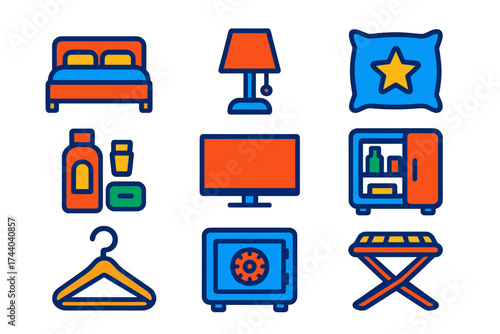 Hotel Room Essentials. Flat vector icons of hotel room essentials: hotel bed icon, bedside lamp, pillow with star, bathroom