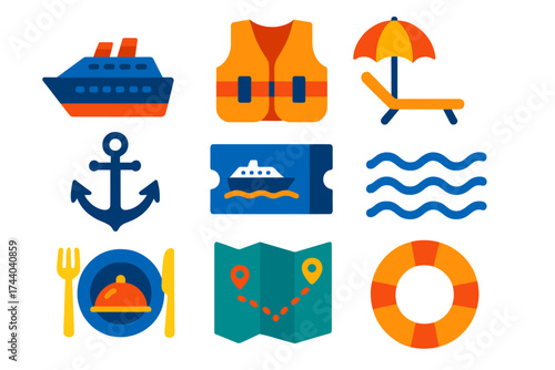 Sea Travel Icons. Flat vector icons of sea and cruise travel: cruise ship icon, life jacket symbol, deck chair with umbrella,