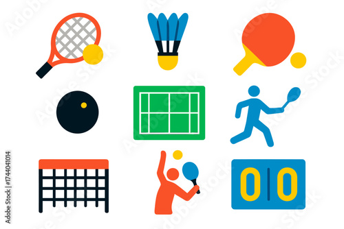 Racket Sports Icons. Flat vector icons of racket sports: tennis racket, badminton shuttlecock, table tennis paddle, squash ball,