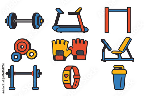 Vibrant Gym Icons. Flat vector icons of gym workouts: barbell set, treadmill, pull-up bar, leg press machine, weight plates, gym