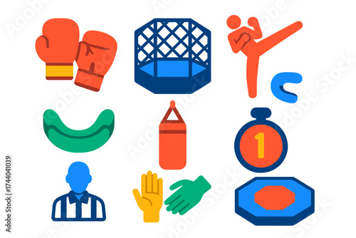 Combat Sports Icons. Flat vector icons of combat sports: boxing gloves, MMA cage, kickboxing pose, mouthguard icon, punching bag,