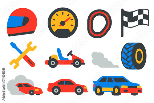 Motorsports Icons Set. Flat vector icons of motorsports: racing helmet, speedometer, race track, checkered flag, pit stop tools,