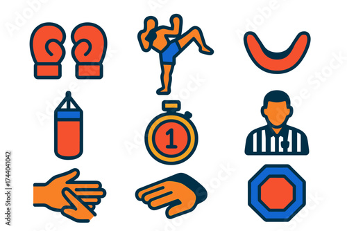 Combat Sports Icons. Flat vector icons of combat sports: boxing gloves, MMA cage, kickboxing pose, mouthguard icon, punching bag,
