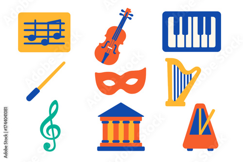 Classical Music Icons. Flat vector icons of classical music: sheet music, violin, piano keys, conductor baton, opera mask, harp,