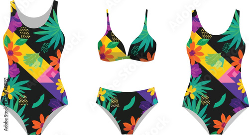 Illustration of two swimsuits and a bikini with a floral and geometric pattern on a white background