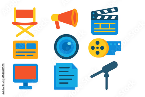 Film Directors Icons. Flat vector icons of famous directors: director’s chair, megaphone, clapperboard, camera lens, film roll,