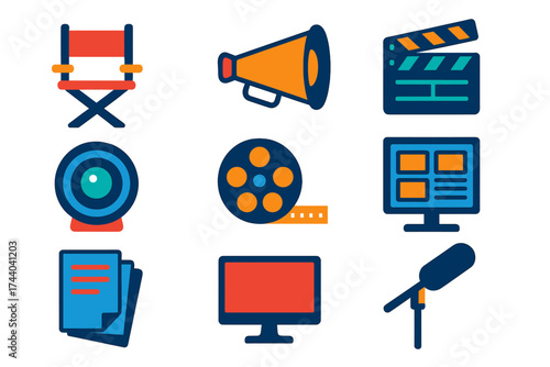 Film Directors Icons. Flat vector icons of famous directors: director’s chair, megaphone, clapperboard, camera lens, film roll,