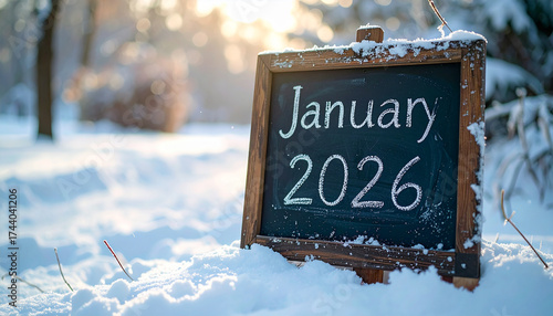 Chalkboard with text JANUARY 2026 in snowy park, cold winter season atmosphere.