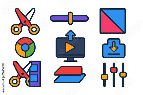 Movie Editing Icons. Flat vector icons of movie editing: cut tool, timeline slider, transition effect, color correction wheel,