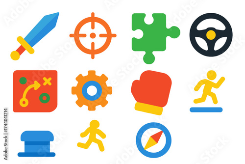 Game Genre Icons. Flat vector icons of game genres: RPG sword, FPS crosshair, puzzle piece, racing wheel, strategy map, simulation