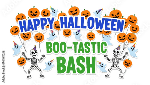 Spooktacular Halloween Bash: A playful and vibrant Halloween illustration featuring a gathering of pumpkins, ghosts, and skeletons, all united to celebrate a Boo-tastic Bash.