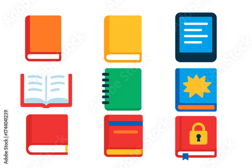 Vibrant Book Icons. Flat vector icons of book types: hardcover book, paperback, e-book reader, open book, spiral notebook,