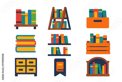 Bright Book Storage Icons. Flat vector icons of book storage: bookshelf, bookcase ladder, storage box, book stack, wall-mounted