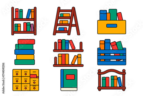 Bright Book Storage Icons. Flat vector icons of book storage: bookshelf, bookcase ladder, storage box, book stack, wall-mounted