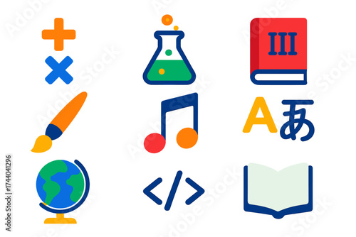 Colorful Study Icons. Flat vector icons of study subjects: math symbols, science flask, history book, art brush, music note,