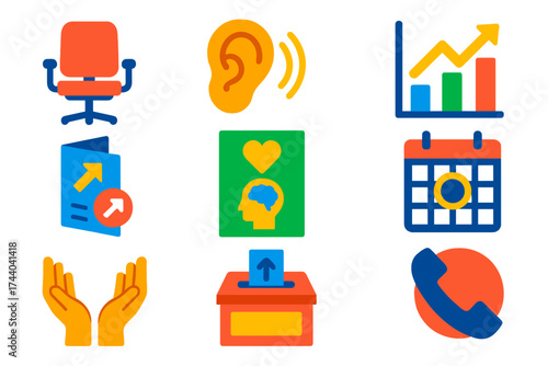 School Counseling Icons. Flat vector icons of school counseling services: counselor chair, listening ear icon, stress chart,