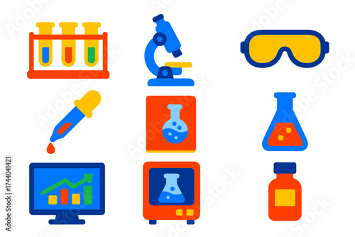Colorful Research Lab Icons. Flat vector icons of research labs: test tube rack, microscope lens, safety goggles, pipette drop,