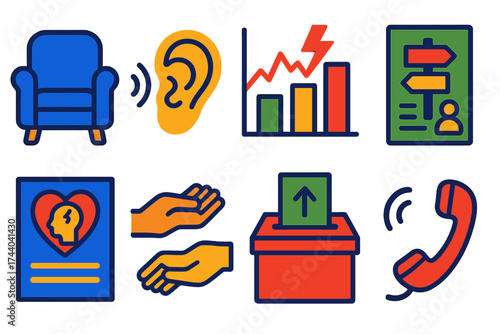 School Counseling Icons. Flat vector icons of school counseling services: counselor chair, listening ear icon, stress chart,
