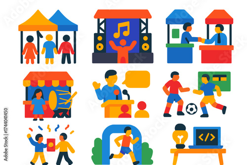 Vibrant Campus Icons. Flat vector icons of campus events: orientation fair, concerts stage, career expo, cultural festival, guest