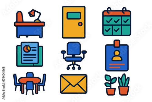 Modern Faculty Icons. Flat vector icons of faculty offices: professor desk, office door nameplate, appointment schedule, research