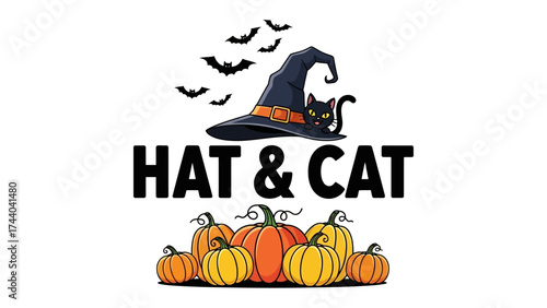 Halloween Scene: Featuring a witch's hat, black cat, bats, and pumpkins, this image sets a festive mood, perfect for the autumn celebration of Halloween.