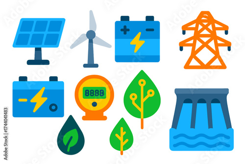 Renewable Energy Icons. Flat vector icons of renewable energy technology: solar panel, wind turbine, battery pack, energy grid,