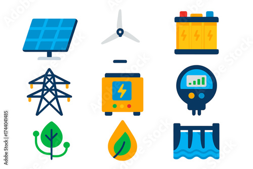 Renewable Energy Icons. Flat vector icons of renewable energy technology: solar panel, wind turbine, battery pack, energy grid,