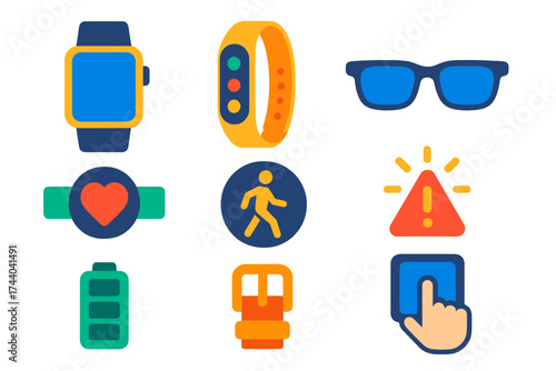 Wearable Tech Icons. Flat vector icons of wearable technology: smartwatch, fitness band, smart glasses, heart-rate sensor,