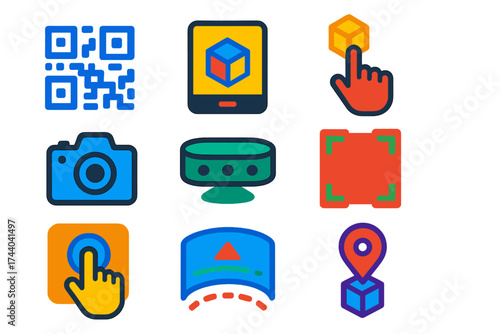 Augmented Reality Icons. Flat vector icons of augmented reality: AR marker, overlay screen, digital pointer, camera feed, depth