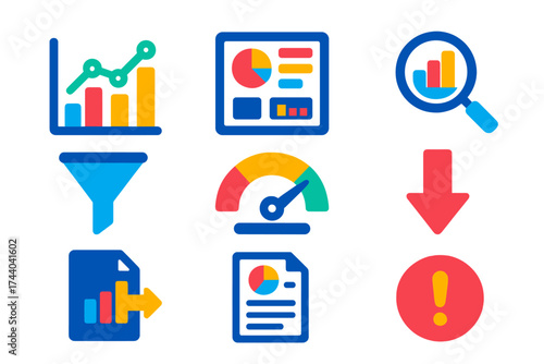 Flat Analytics Icons. Flat vector icons of analytics software: data chart, dashboard, query icon, filter funnel, KPI gauge, data