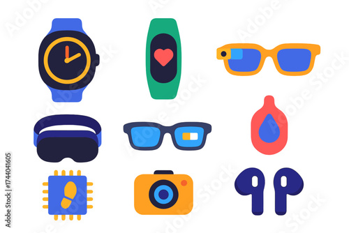 Wearable Tech Icons. Flat vector icons of wearable hardware: smartwatch face, fitness band, smart glasses, VR headset, AR glasses,