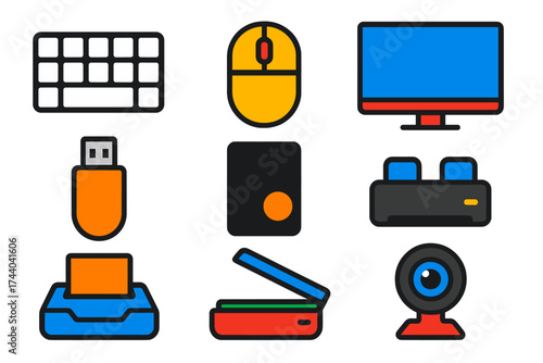 Modern Peripheral Icons. Flat vector icons of peripherals: keyboard keys, optical mouse, widescreen monitor, USB flash drive,