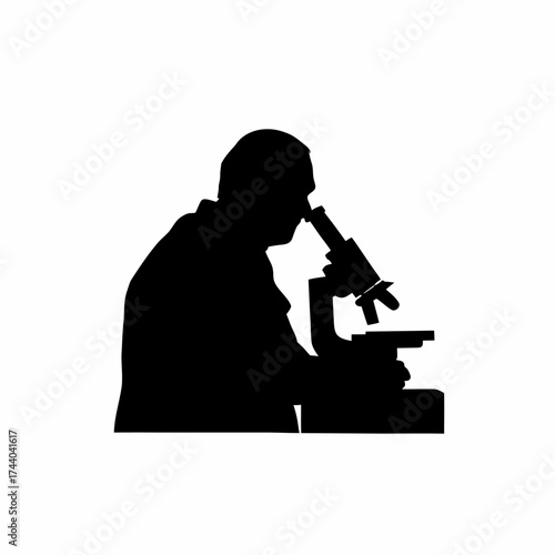 Silhouette of a nanotechnology expert using microscope to observe particles isolated on white background